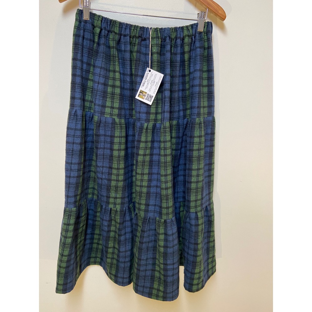 Womens Flannel Mom and Pop's Kids Maxi Skirt Medium Blue Green Plaid Tiered